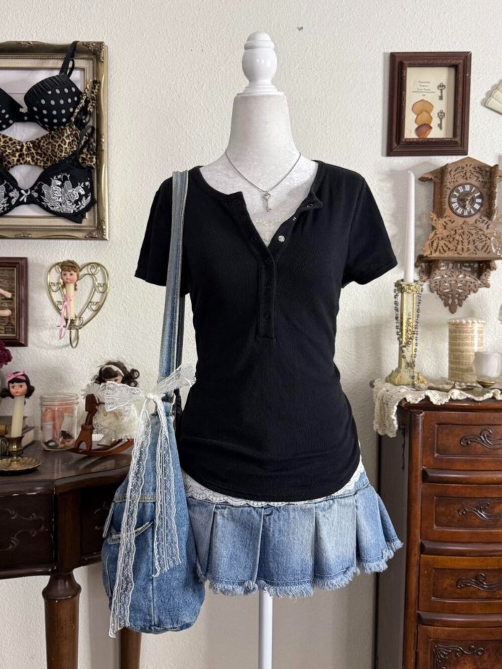 Preppy girly grunge black thermal knit short sleeve henley top